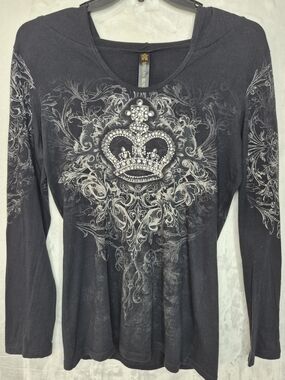 Vegas Royalty Y2K Rhinestone Crown Graphic Hooded Top  Medium